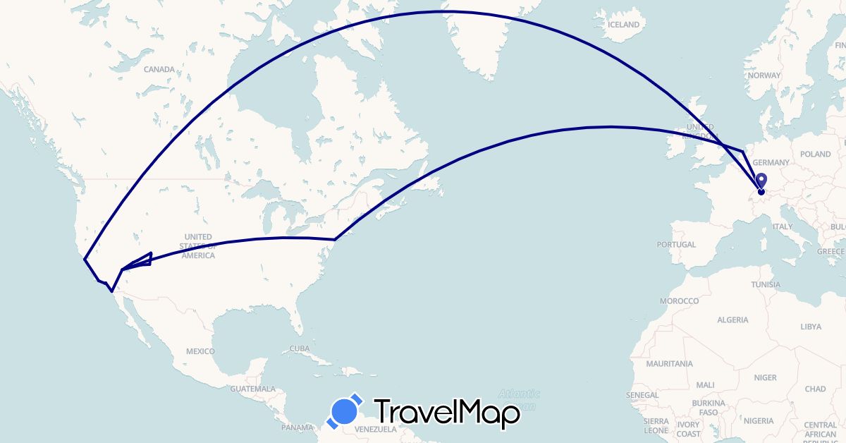 TravelMap itinerary: driving in Switzerland, Netherlands, United States (Europe, North America)